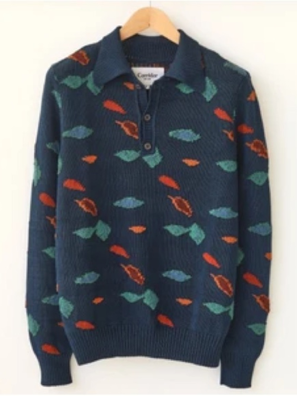 Corridor Fall Foliage Knit Polo Sweater Men's S Navy Cotton Peru Rare